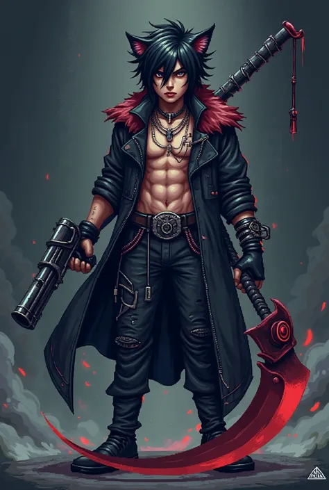 Create a teenage male mital wolf with black hair with a scythe and a revolver, version sprite