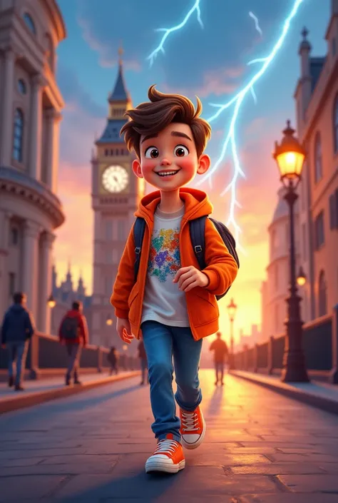 

_"Create a vibrant and dynamic cartoon-style image of a young boy walking confidently down a city street. The background features a famous landmark such as Big Ben, with an urban setting filled with classical architecture. The sky should be dramatic with...