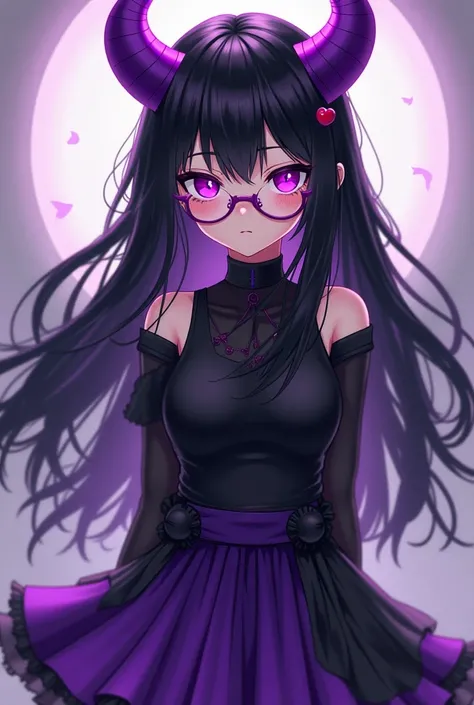 Girl black hair loose purple horns purple glasses black top shirt with purple black anime skirt 