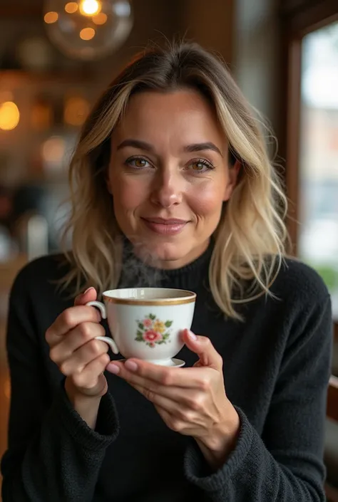 Beatrice Egli drinking coffee with a tea cup