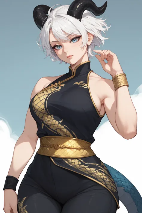 Woman, fair skin, blue eyes, white hair, short hair, , anime style, Black dress Golden Dragon Print , gold sash, gold wristband, black wide pants, black Horns, dragon scales 