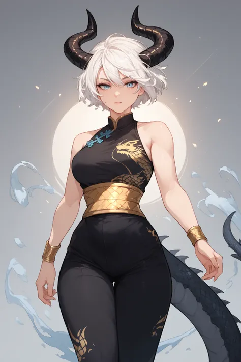 Woman, fair skin, blue eyes, white hair, short hair, , anime style, Black dress Golden Dragon Print , gold sash, gold wristband, black wide pants, black Horns, dragon scales 