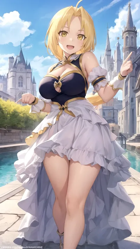 masterpiece, best quality, girl, solo, looking at viewer, edward_elric, blonde hair, yellow eyes, large breasts, princess connect Re:Dive cosplay, princess Dress, standing, smile, open mouth, outdoors 