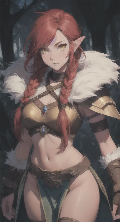 Dinosaur era, Prehistoric Hylian, Devine princess, Rionyx, red hair, yellow eyes, bandit braids, looking at viewer, long messy hair, prehistoric Hyrule, lore accurate prehistoric fur armor, fur loincloth,