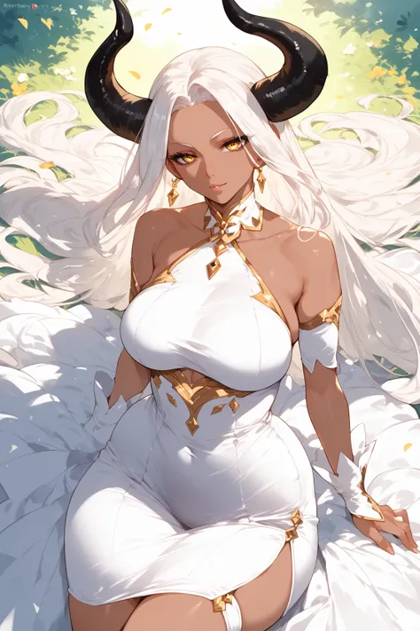 Woman, tanned skin, golden eyes, white hair, long hair, black horns, white dress, golden details, anime style 