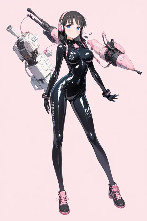  great quality,    top quality， Masterpiece，Hayashi Miwako   ，  her breasts are so soft，    blue eyes，   dark hair，  alone,    photograph her full body ， pink background,    latex rubber suit costume ，  standing，   headphones   ， futureな武器，Weapons float in...