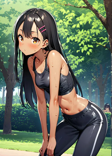 score_9, score_8_up, score_7_up, professional anime,HD,1girl,solo,(nagatoro hayase from Don't Toy With Me, Miss Nagatoro), perfect body,short female,petite body,pretty girl,wide hips,nagatoro hayase, brown eyes, dark-skinned female, tan, black hair, haircl...