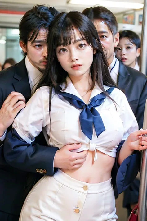   on a crowded train、  surrounded by many guys  、 very beautiful and cute girl opening it in front of her white blouse 、  Japanese School Uniform、((Open it in front of a white blouse ))、 small breasts、 I can see my breasts 、((  bra misaligned  、I can see m...