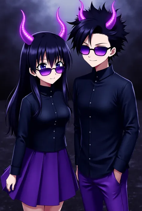 Girl black hair loose purple horns purple sunglasses black shirt with purple black skirt boy black hair purple horns purple sunglasses black shirt with purple pants black with purple anime 