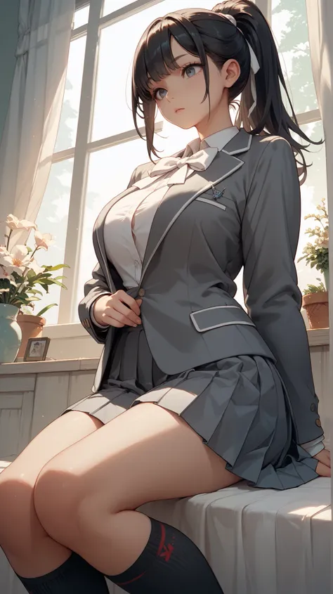  beautiful girl　 black hair　 ponytail on panty　 white ribbonのシュシュ　 Japanese High School Girl Uniform　 gray blazer　 gray pleated skirt　 white ribbon　 black socks　Big Breasts　study