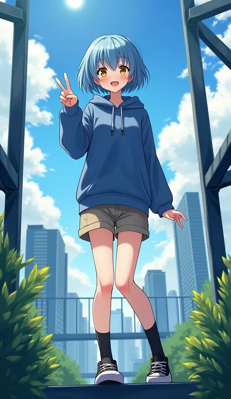  Masterpiece,  top quality,  Hi-Res,  very detailed,((( pretty girl with blue hair standing on a steel frame ))), ((( Japanese anime))), ((( short hair))), (((Blue hoodie))), ((( khaki shorts))), (((Black socks))), ((( black sneakers ))), (((Modern citysca...