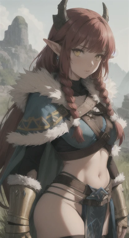 Dinosaur era, Prehistoric Hylian, Devine princess, Rionyx, red hair, yellow eyes, bandit braids, looking at viewer, long messy hair, prehistoric Hyrule, lore accurate prehistoric fur armor, fur loincloth,