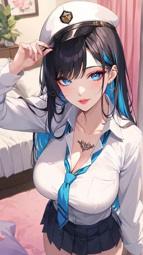  the highest quality 　obra maestra　 hat　obra maestra,  messy black hair , thick and beautiful ,  hair with a stripe in the middle  　 blue eyes,  seductive lips,  provocative smile, Sexy long sleeve white school uniform ,  top short that stands out ,   very...