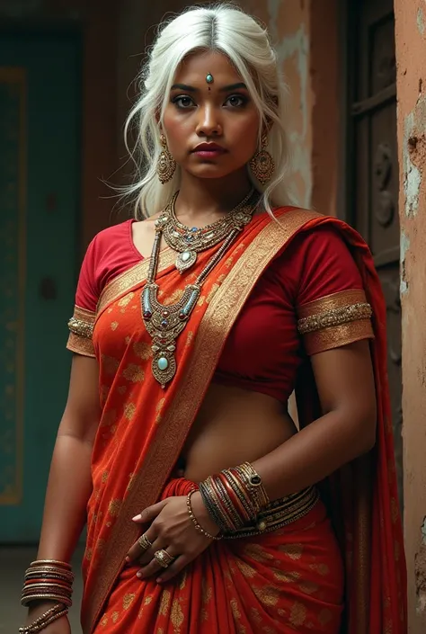 Darkest South Indian Woman
Tamil
Punjabi wearing 
Big breasts
Not thin
Pudgy
White hair
Brown eyes
Mid twenties