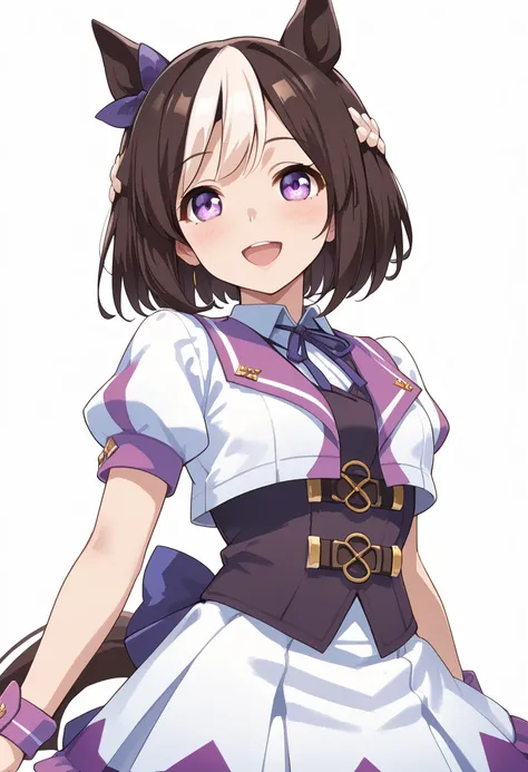 UMASW,horse ears,horse tail,purple eyes,hair bow,short hair,crown braid,brown hair,two-tone hair,multicolored hair,R4CE,white jacket,open jacket,vest,skirt,short sleeves,puffy sleeves,bow on back waist,white background,dutch angle, score_9, score_8_up, sco...