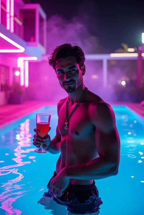 futuristic neon-lit pool at night, cyberpunk aesthetic, glowing pink and blue reflections, stylish masculine man in sleek swimsuit with double strings, smirking face looking at viewer, cocktail in hand, neon signs illuminating her face, floating LED lights...