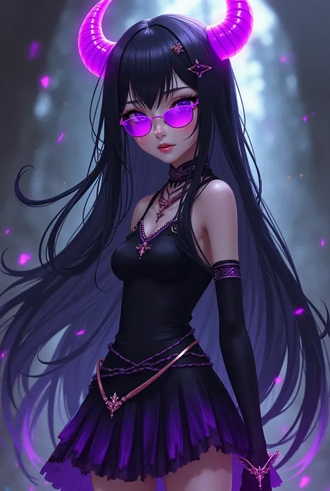 Girl black hair loose purple horns purple sunglasses black top shirt with purple black anime skirt 