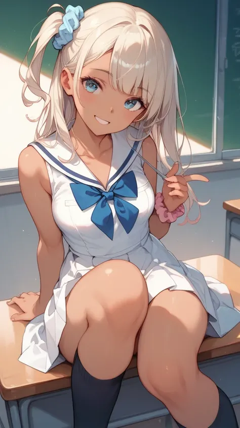  lovely,scrunchie  , side up  ,  school uniform ,(Blush:0.4), (suggestive:0.9),  sleeveless , , ( tanned skin ,  looking at the viewer:0.8), [chest , thighs, Knees,  white dress, vestido altura dos Knees,  smile, shoulders exposed. 