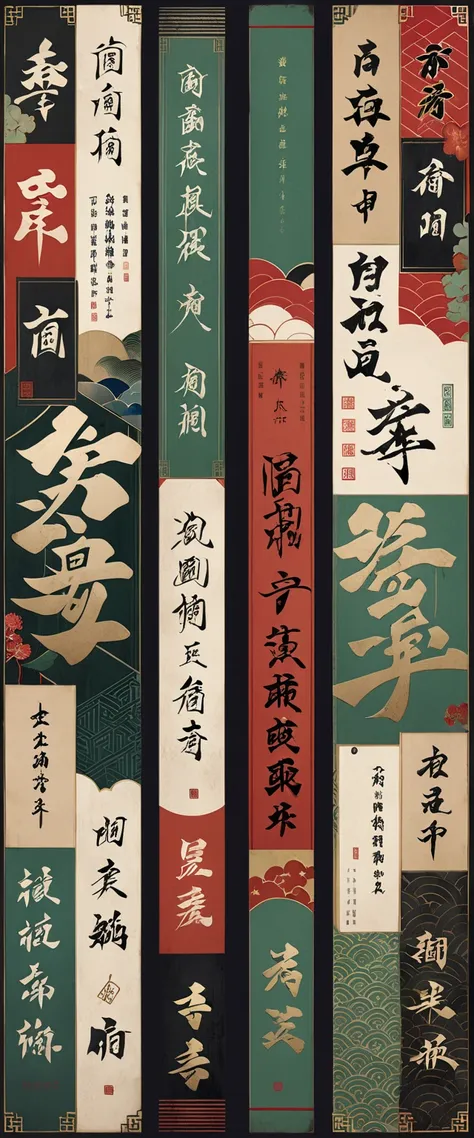 ( Masterpiece, top quality, very detailed,8k wallpaper),抽象的な色のついた Chinese characters,green letters on black, geometric pattern , lively, sharp, straight,  small vertical text,Old document cover,日本語の Chinese charactersの同義語,日本語の Chinese characters,Japanese C...