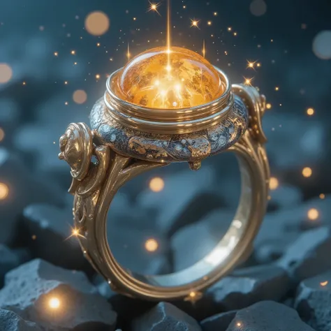 A meticulously crafted snake zodiac ring design, featuring a glowing amber gemstone at its center. The ring is ethereal in nature, exuding a soft, radiant glow that seems to emanate from within. Intricate engravings of "2025" are delicately etched into the...