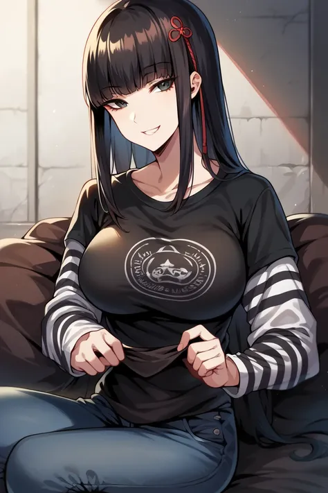 1 girl, solo, black short sleeve t-shirt, layered sleeves, white long sleeves, jeans, defHifumi, long hair, blunt bangs, hair ornament, black t-shirt over white long sleeves, large breasts, confident smile, striped sleeves, black and white stripes, black t...