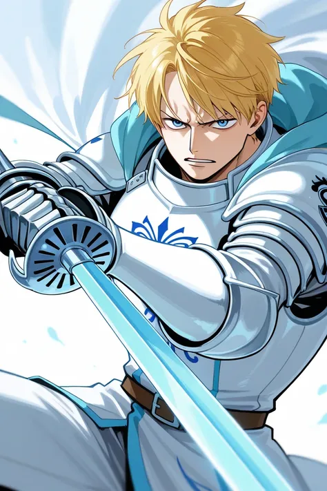 Make a blonde haired man holy knight wearing a white set of armor and holding a rapier with one piece artstyle, sharp crystal blue eyes and a tall physique.