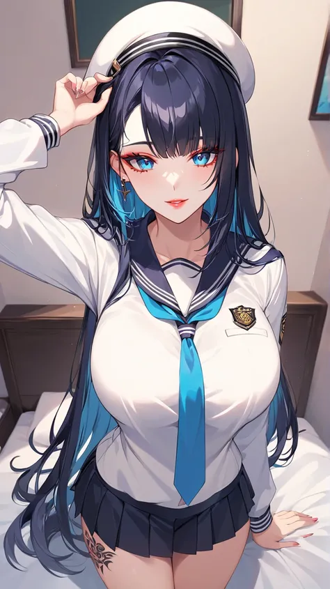  the highest quality 　obra maestra　 hat　obra maestra,  messy black hair , thick and beautiful ,  hair with a stripe in the middle  　 blue eyes,  seductive lips,  provocative smile, sexy school long sleeve white uniform ,  top short that stands out ,   very...