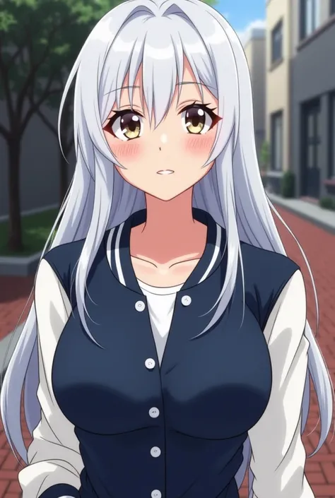  Generate an image of The image shows a woman with long white hair, wearing a navy blue and white baseball jacket with big boobs and butt.  She seems confident and perhaps a little arrogant ,  with a slightly mischievous smile on her face .  The background...