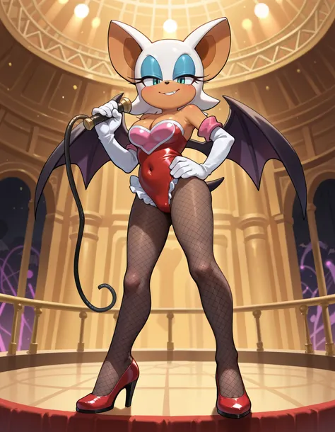 masterpiece, best quality, amazing quality, very aesthetic, absurdres, source furry, ((Rouge the bat)), ((short body)), half closed eyes, cyan eyes, blue eye makeup, (seductive stare), (looking at viewer), circus background, spectacle, tigers in background...