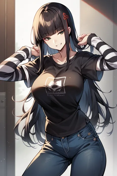 1 girl, solo, black short sleeve t-shirt, layered sleeves, white long sleeves, jeans, defHifumi, long hair, blunt bangs, hair ornament, black t-shirt over white long sleeves, large breasts, confident smile, striped sleeves, black and white stripes, black t...