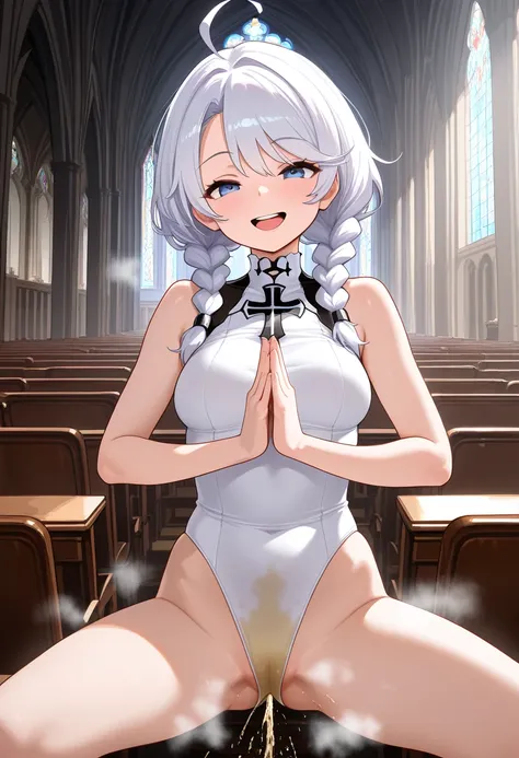   Masterpiece,  top quality, amazing quality,   and laugh while sitting , Azur Lane Avrora,  is staring at the viewer ,(smile),An arm with an open mouth behind her head  ,  standing,clavicle,   leotard,   sleeveless,   pose  ,    spread your hands  ,   sta...