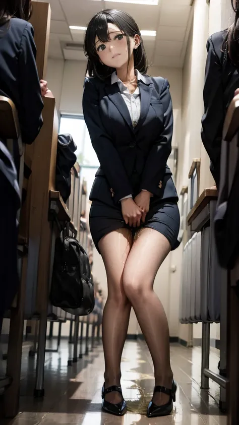 Female teacher pees at student graduation ceremony 、Urinary incontinence、Leaking a lot of pee、from below、  staring at viewers 、 black suit 、 miniskirt、 pin heels、 Perfect Body、 perfect beauty 、 Japanese elementary school teachers 、 Female teacher pees duri...