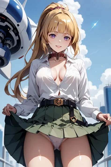 Score_9, score_8_up, score_7_up, source_anime, source_semi-real, rating_safe, rating_questionable;; 1woman, solo, kudelia aina Bernstein, low angle, viewed from slightly below;; looking happy, purple eyes, long hair, blonde hair, bangs, blunt bangs,skirt, ...