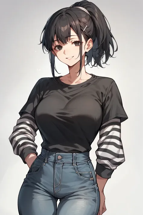 1 girl, solo, black short sleeve t-shirt, layered sleeves, white long sleeves, jeans, Shiho Suzui, black hair, ponytail, black t-shirt over white long sleeves, large breasts, confident smile, striped sleeves, black and white stripes
