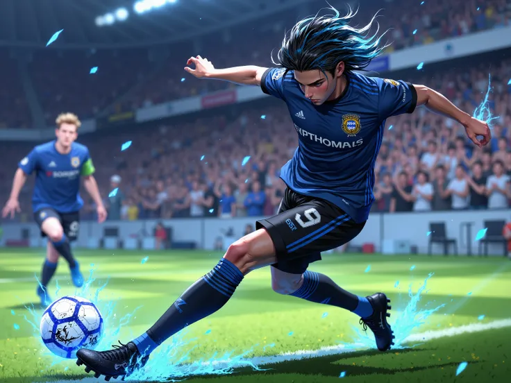 Realistic anime style soccer player, medium long blue and black hair, in a kicking pose of hitting the ball making a power effect on the ball with sparkles. Look in the eyes with blue fire effect. Dark neon blue shirt and black pants with number 9, black c...