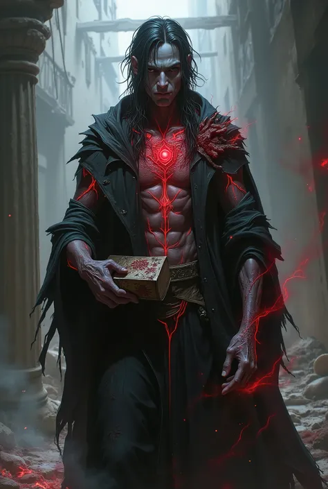 A specialist in decay magic and curses, corroding everything around him with a simple whisper. A thin man with gray skin and soot-black hair. His body is covered in red runes that seem to vibrate with dark energy. He wears a torn robe and carries a grimoir...