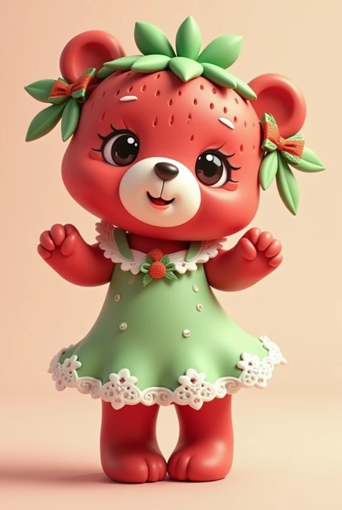 Kawaii Bear,  her skin is red with the texture of a strawberry,  her colors are red and green , She has a light green dress with white lace details , She has two pigtails of green hair on each side of her head with bows and details of strawberry leaves, Ka...