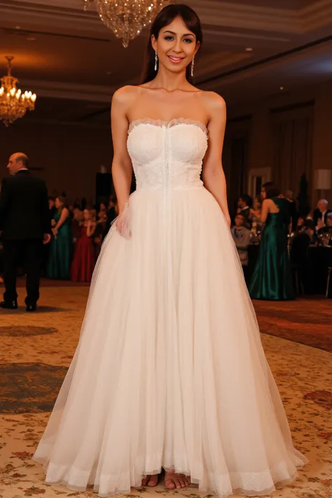 cute woman (sexy venera, age 21, sling bikini styled afteer am airy sheer ball gown, bare feet), she attends a formal affair in a convention ballroom, crowded room, lots of people in suits and dresses, 