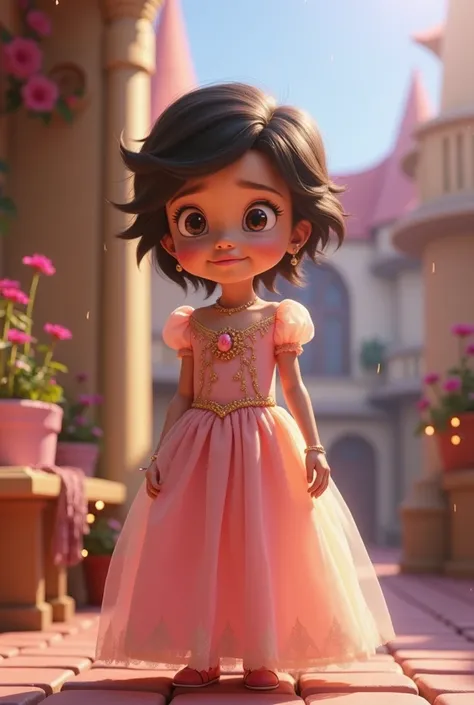  dark-skinned girl wearing a princess dress, Also have frizzy and short hair, small and slightly closed eyes . Animated version of Pixar 