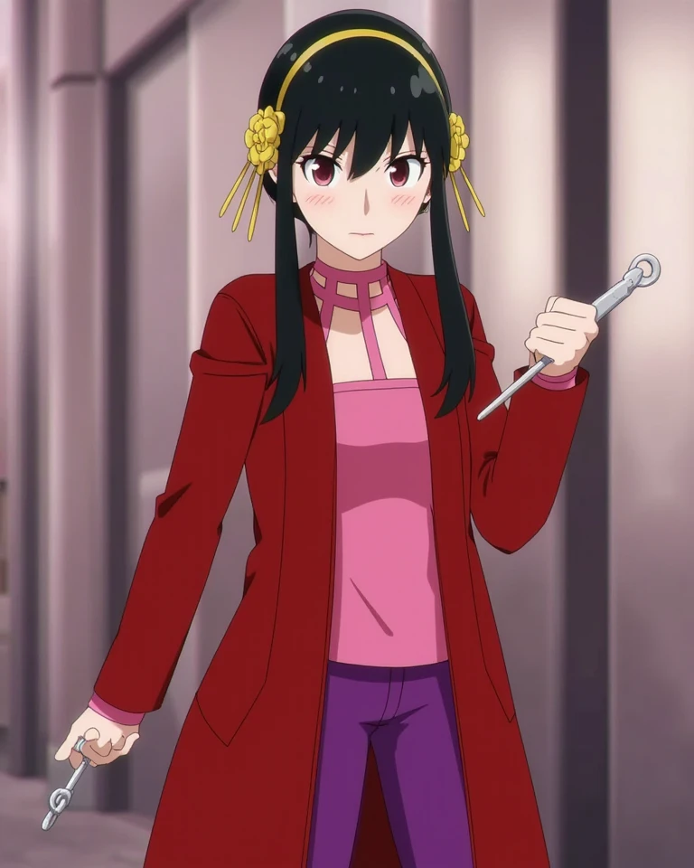 Hook was a young, pretty Japanese woman who looked like Yoru from the spy family, and had a silver hook on her hand., She was wearing a long red coat over a pink shirt, purple pants underneath, blushing, and had long, straight black hair,  Japanese anime  