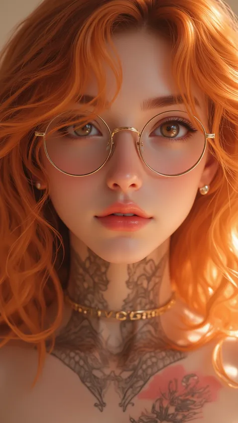  A beautiful masterpiece ， depict the charming features of a young woman，Like half moon glasses 、 Milky white blind eyes and rounded alcoholic nose 。 accentuate her pale orange permanent wavy curls 、 mesh tattoo and missing earrings ， presents a unique ima...