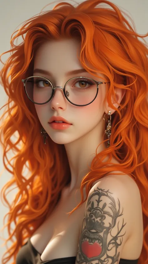  A beautiful masterpiece ， depict the charming features of a young woman，Like half moon glasses 、 Milky white blind eyes and rounded alcoholic nose 。 accentuate her pale orange permanent wavy curls 、 mesh tattoo and missing earrings ， presents a unique ima...