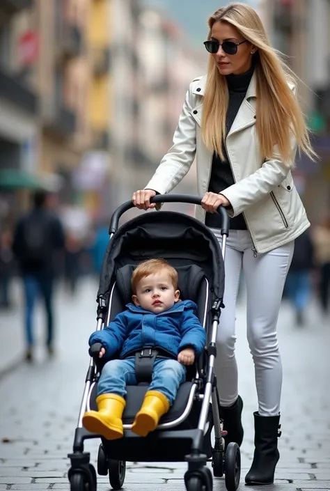 A mother with long blond hair, wears a white leather jacket, white leather pants and high black shoes, Does a stroller push in front of you.  There is a little sleeping boy lying in it, He is wearing a blue jacket , blue jeans pants and yellow rubber boots...