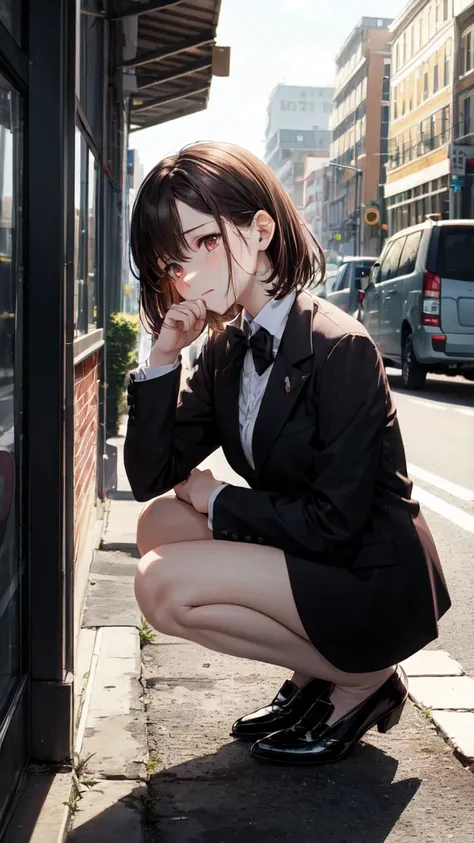 A woman is crouching in the city where the twilight lights have started to turn on, And she's crouching in formal style in a suit，brown hair side up hair， Crying Expression

