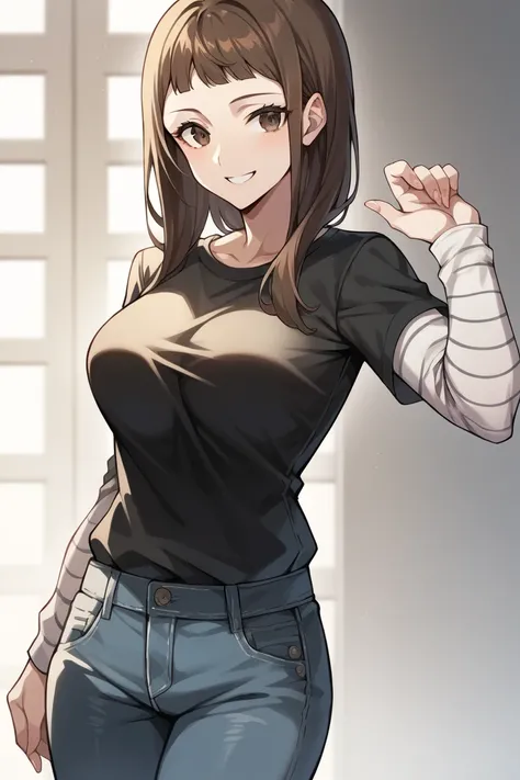 1 girl, solo, black short sleeve t-shirt, layered sleeves, white long sleeves, jeans, Kuon Ichinose, brown hair, blunt bangs, black t-shirt over white long sleeves, large breasts, confident smile, striped sleeves, black and white stripes
