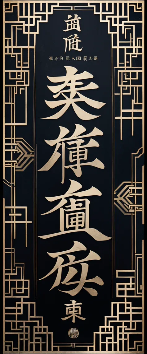 ( Masterpiece, top quality, very detailed,8k wallpaper),抽象的な色のついた Chinese characters,blue letters on a black background, geometric pattern , lively, sharp, straight,  small vertical text,Old document cover,日本語の Chinese charactersの同義語,日本語の Chinese character...