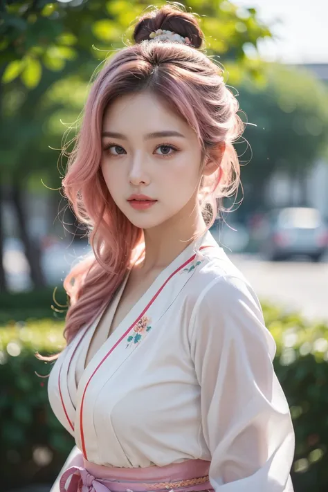 (masterpiece, best quality, photorealistic:1.2), (detailed skin textures, detailed face), absurdres, 8k HDR, realistic lighting, depth of field, 1girl, solo, looking at viewer, shiny skin, skin tight, a girl wear modern Korean Hanbok with floral, wavy hair...