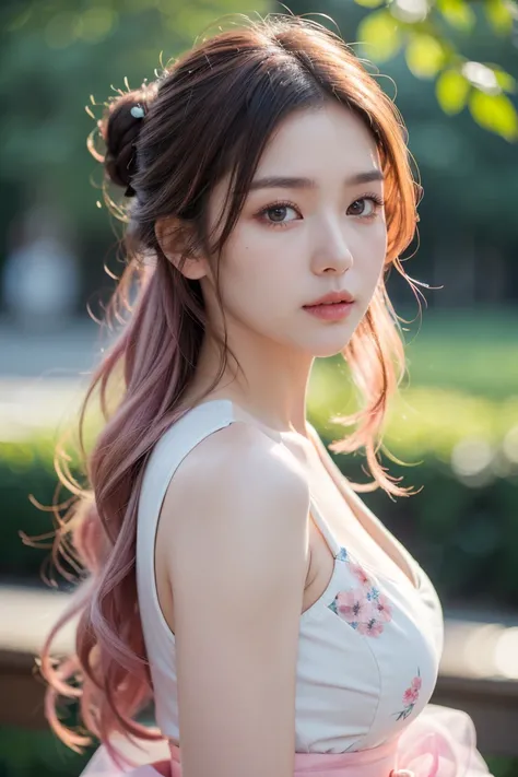 (masterpiece, best quality, photorealistic:1.2), (detailed skin textures, detailed face), absurdres, 8k HDR, realistic lighting, depth of field, 1girl, solo, looking at viewer, shiny skin, skin tight, a girl wear modern Korean Hanbok with floral, wavy hair...