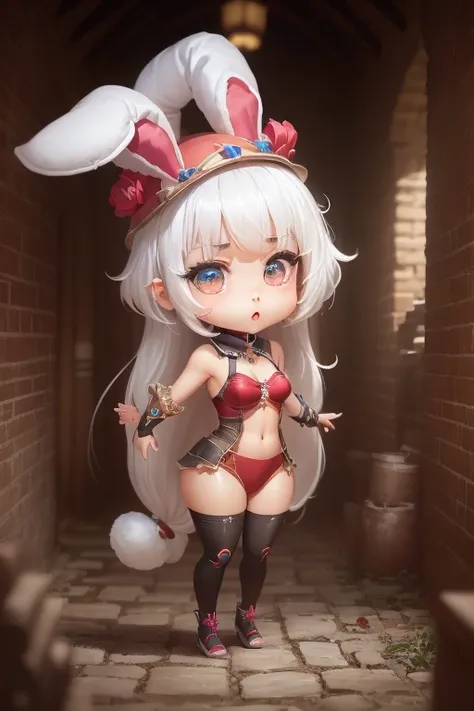 single,1woman\((Chibi:1.8),beautiful,cute, ,(  white hair:1.7),( Very long hair:1.7),Baches ,(ear\(fluffy white Rabbit-ear\):1.3), ( only 1 small rabbit tail on the hip:1.2),(Red eye),big eye, beautiful bright eye , white skin color, big hair tie ,(I wore ...