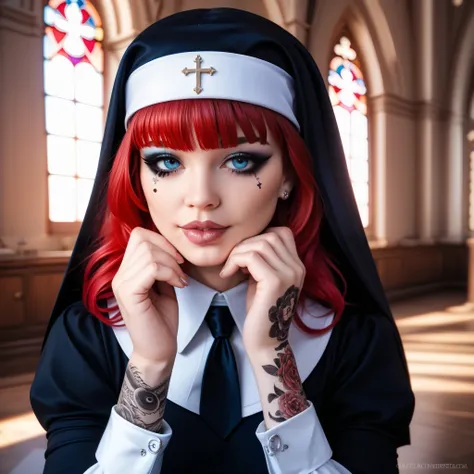 Gothic, ( better quality,4K,8 k, High definition, Masterpiece :1.2),   very detailed , ( realistic,photo realistic,photo- realistic:1.37),  erotic art , monastery, nun 30 years old ,  tattoo teacher, piercing, интимный piercing, lenses , tie,  bright blue-...